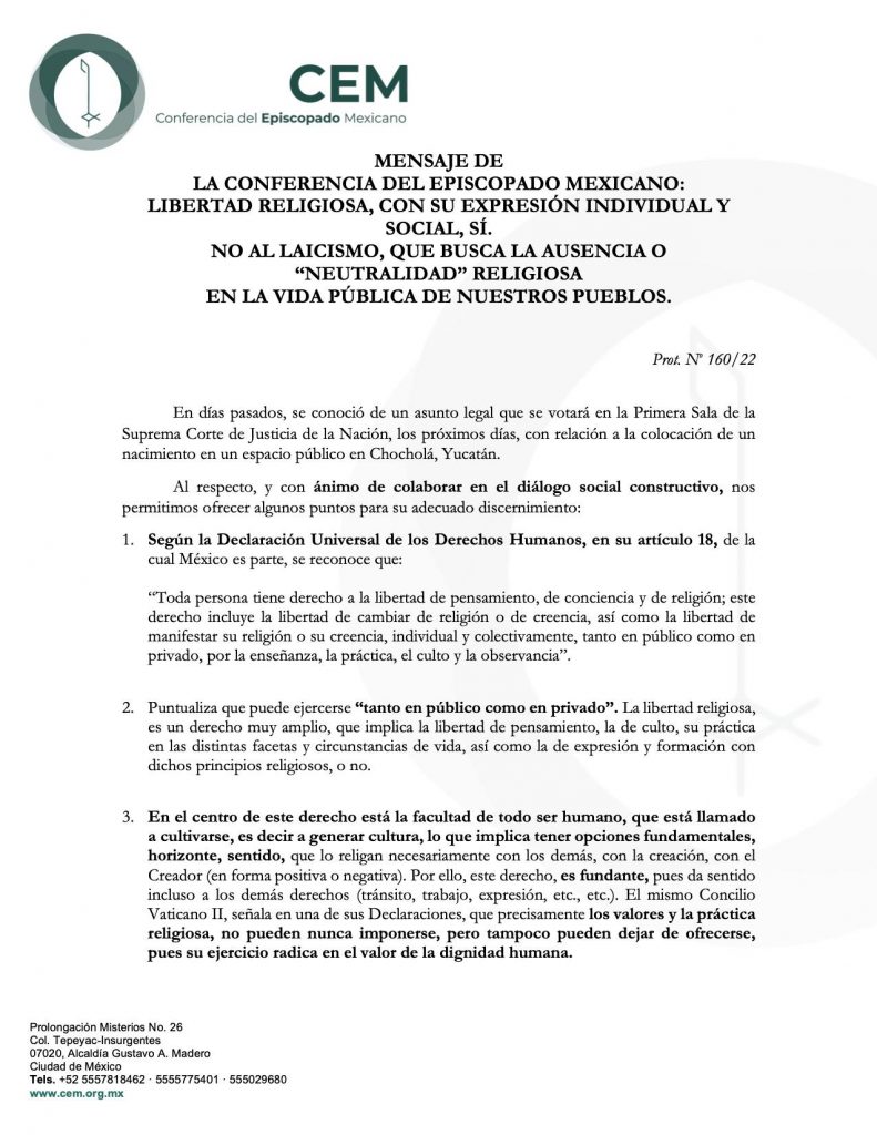 Mensaje De La Conferencia Del Episcopado Mexicano Libertad Religiosa