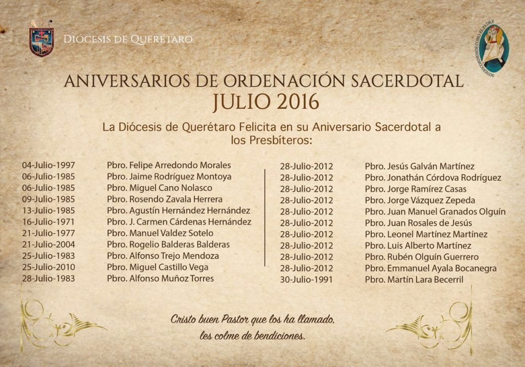 FELICITACIONES: ANIVERSARIOS SACERDOTALES, JULIO 2016. – Diócesis de