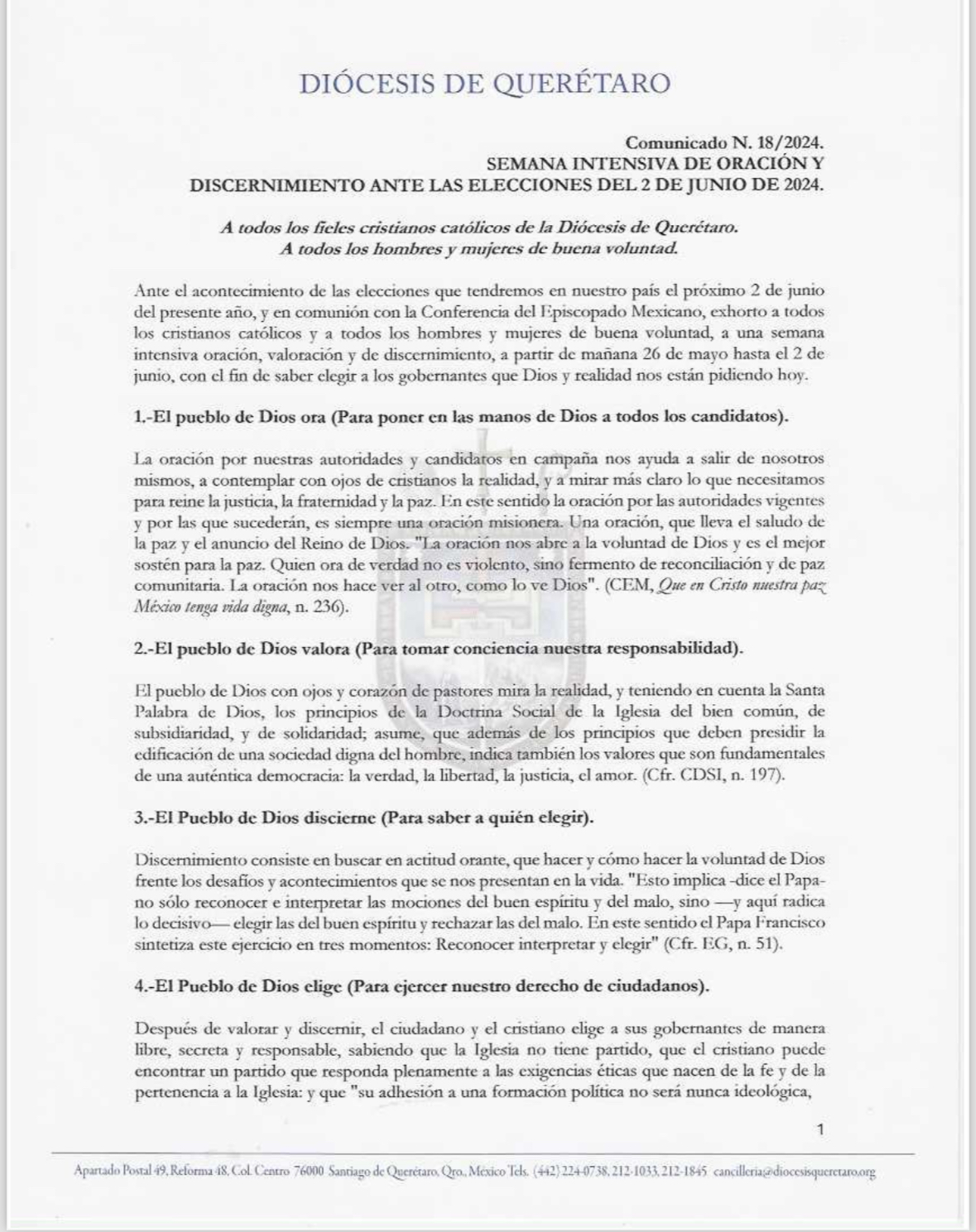 SEMANA INTENSIVA DE ORACIÓN Y DISCERNIMIENTO ANTE LAS ELECCIONES DEL 2 DE JUNIO DE 2024.