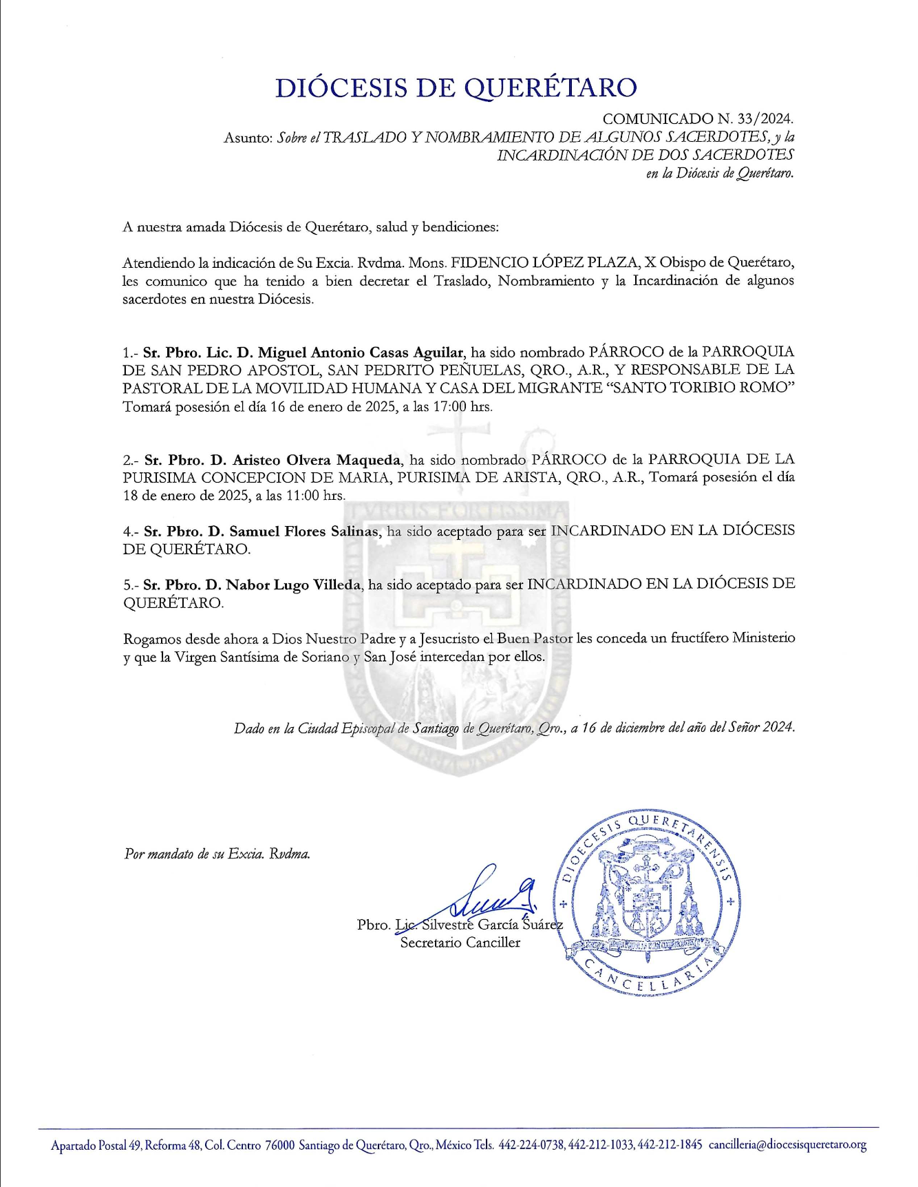 COMUNICADO 𝐍. 33/𝟐𝟎𝟐𝟒. Asunto: Sobre el TRASLADO Y NOMBRAMIENTO DE ALGUNOS SACERDOTES y la INCARDINACIÓN DE DOS SACERDOTES en la Diócesis de Querétaro.